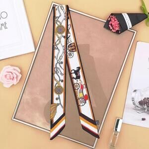 Luxury Style Carriage & Horse Print Silky Skinny Purse Scarf Black